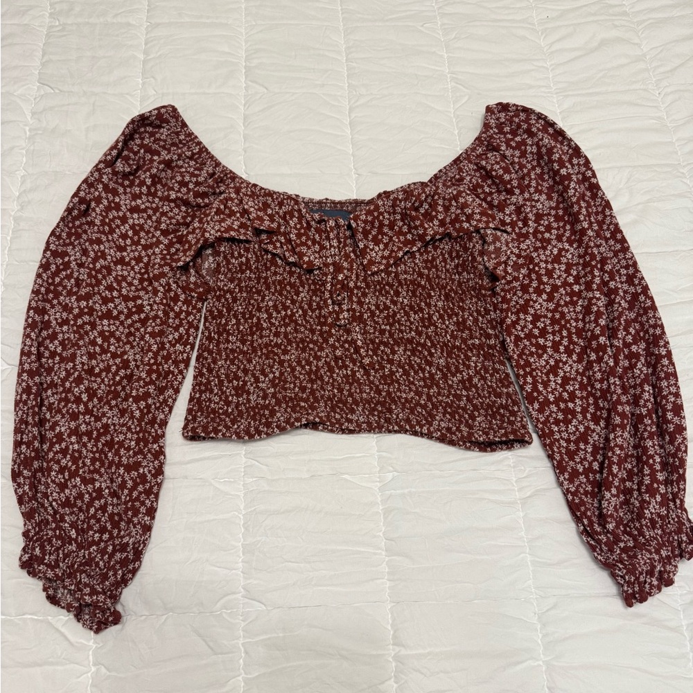 Brown Smocked Ruched Long Sleeve Blouse